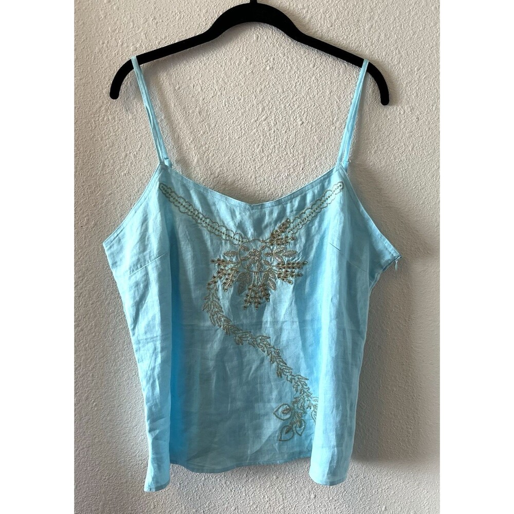 Richard Malcolm 100% Irish Linen Tank Top Sz XL Blue Embroidered Cottagecore